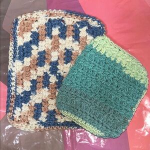 Handmade Multicolor Crochet Kitchen Linens Set  one dishcloth & a pouch for soap